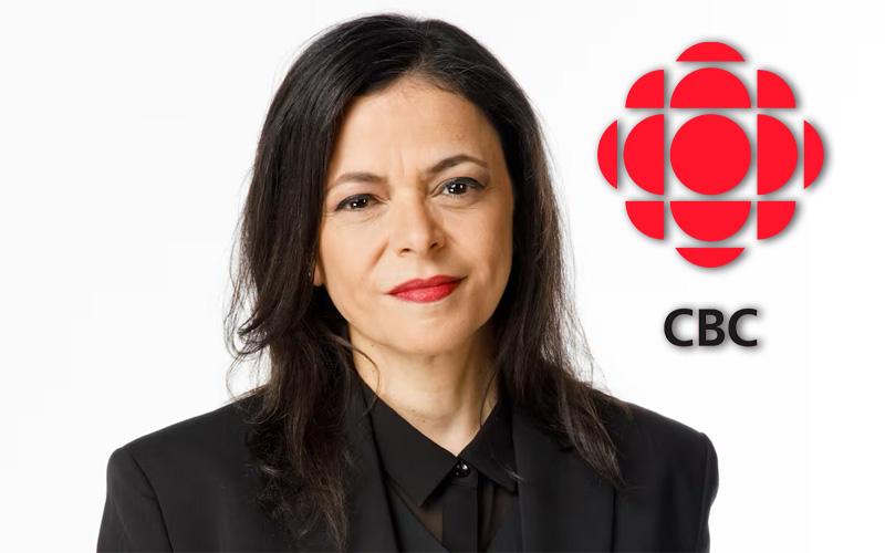 Woman with dark hair and black top with CBC logo superimposed
